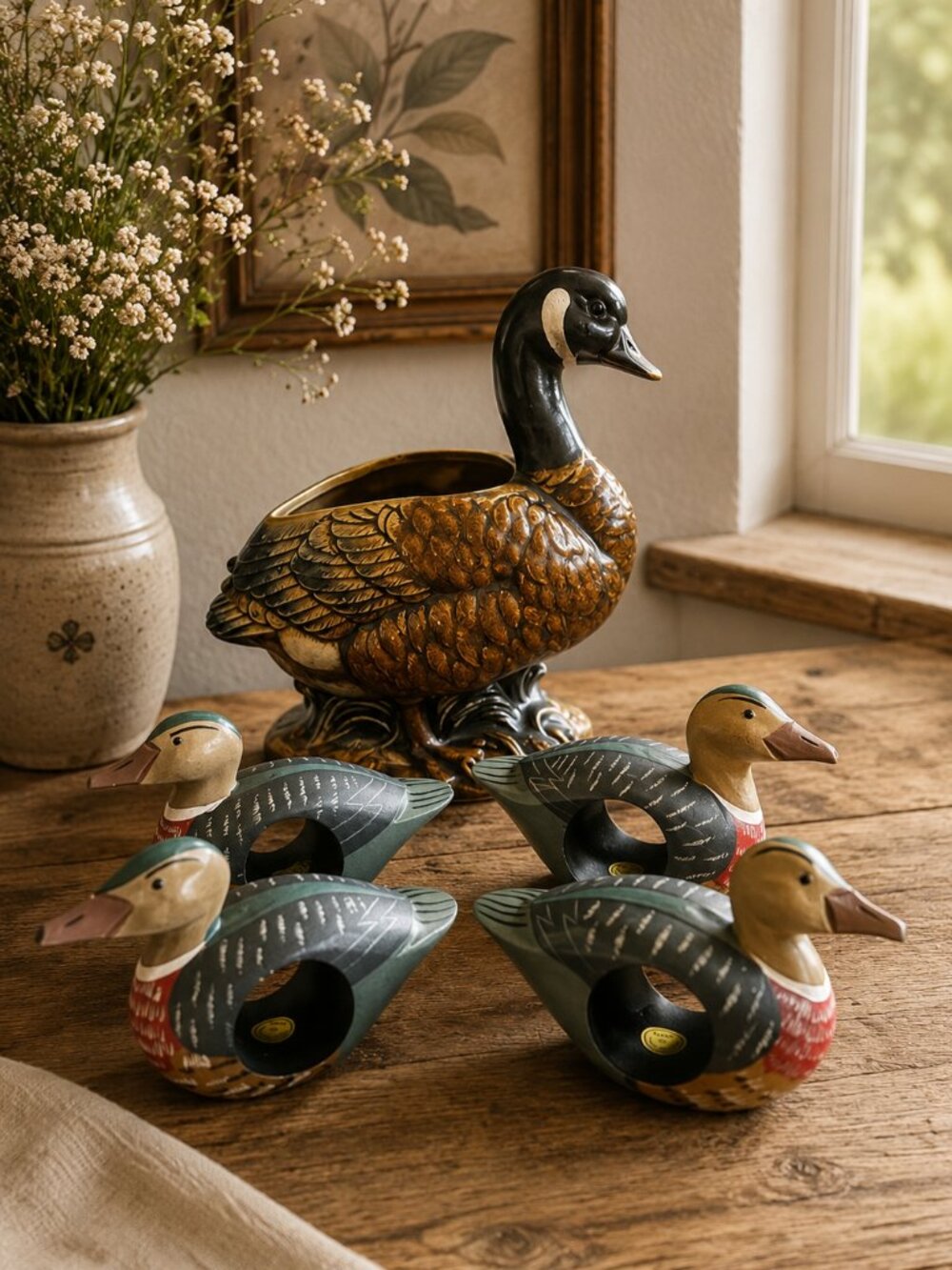 Vintage Ceramic Duck Planter Flatware Holder and 4 Hand Painted Napkin Rings Set